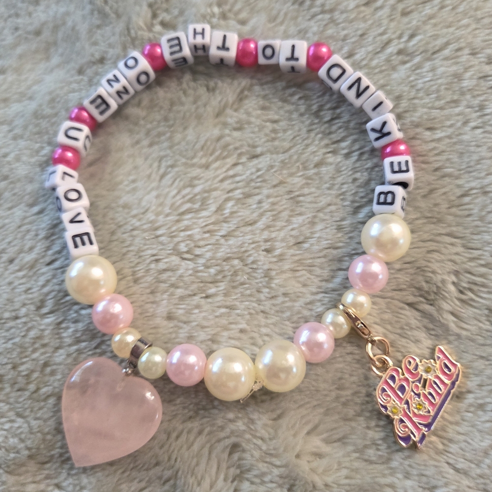 Pink and White Beaded Bracelet with Heart Charm